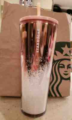 New Starbucks Christmas LE 2019 24oz Rose Gold Pink White Snow Tumbler Cold Cup - Sold on eBay Jan, 3rd 2020 for $15.40