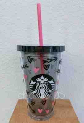 Starbucks Black Pink Hearts Cold Cup with Straw 16 fl oz - Sold on eBay Jan, 3rd 2020 for $19.99