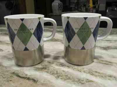 2 Starbucks Coffee Mugs Cups Blue Green Argyle Plaid Stainless Bottoms 2006 - Sold on eBay Jan, 3rd 2020 for $16.39