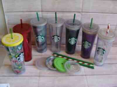 STARBUCKS Venti Tumbler Lot of (7) 24 oz. with extra Straws & Lids - Sold on eBay Jan, 3rd 2020 for $47.96
