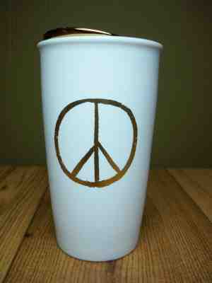 Starbucks Gold Peace Sign Travel Mug Ceramic Tall Cup 12 oz 2015 White Holiday - Sold on eBay Jan, 3rd 2020 for $15.00
