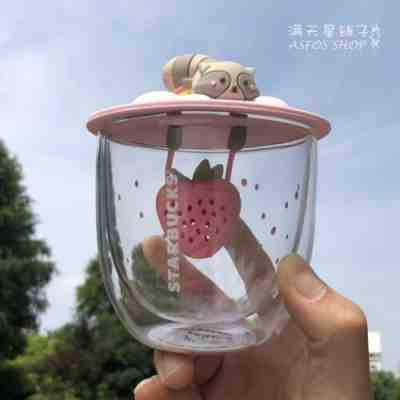 New China 2019 Starbucks Summer Strawberry Raccoon 14oz Glass Bottle Cup - Sold on eBay Jan, 2nd 2020 for $19.59