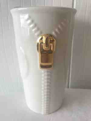 Starbucks 2015 White Ceramic Tumbler Gold Zipper Travel Mug w/ Lid 10 Oz NICE! - Sold on eBay Jan, 2nd 2020 for $19.95