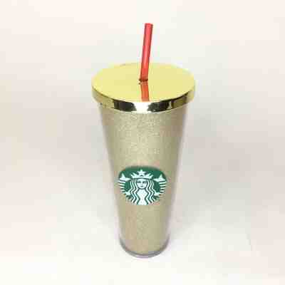 Starbucks 2014 Gold Glitter Holiday Season 24oz Venti Cold Cup Tumbler Red Straw - Sold on eBay Jan, 1st 2020 for $20.62