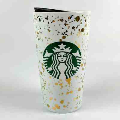 Starbucks 2019 Holiday Confetti Ceramic Travel Tumbler White and Gold Christmas - Sold on eBay Jan, 1st 2020 for $25.99