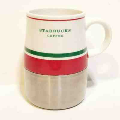 Starbucks Travel Coffee Mug 2006 White Green Red Ceramic Metal 14oz Christmas ZZ - Sold on eBay Jan, 1st 2020 for $20.89