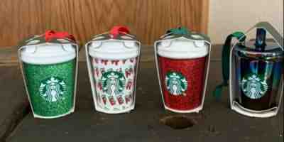 Set/4 Starbucks 2019 Ornaments Red Green Glitter Merry Coffee Iridescent Black - Sold on eBay Jan, 1st 2020 for $47.77