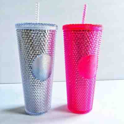 Starbucks 2019 Glitter Bling Iridescent PINK + SILVER Studded Tumbler Two Pack - Sold on eBay Dec, 31st 2019 for $49.99