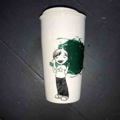 Starbucks Travel Mug Green Paint Dot Hand prints Child 2015 Ceramic 12 oz EUC! - Sold on eBay Dec, 31st 2019 for $17.01