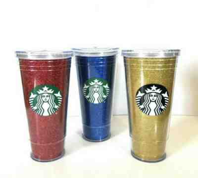 Starbucks To Go Tumbler Lot 3 Glitter Red Blue Gold 20 Oz Straw Set 2018 Cups  - Sold on eBay Dec, 31st 2019 for $61.99