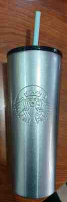 NEW Starbucks Silver Metallic Stainless Steel Tumbler GRANDE BLUE STRAW 16oz FS - Sold on eBay Dec, 30th 2019 for $29.99