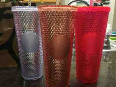 Three Starbucks Studded Tumblers set - Neon Pink, Platinum, and Rose Gold - 24oz - Sold on eBay Dec, 30th 2019 for $100.00