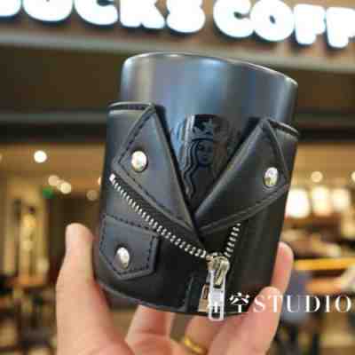 New China 2019 Starbucks Summer 12oz Cool Leather Jacket Black Mug - Sold on eBay Dec, 29th 2019 for $32.00