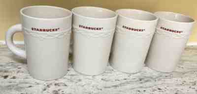 4- 2010 STARBUCKS Holiday Christmas Ivory&Red Ceramic Coffee Mugs 10 oz - Sold on eBay Dec, 29th 2019 for $15.99