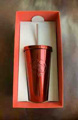 NIB STARBUCKS RED STAINLESS STEEL TUMBLER 16oz 2014 DOT COLLECTION METAL STRAW  - Sold on eBay Dec, 28th 2019 for $22.00