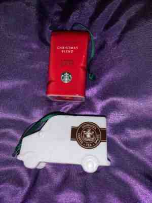 Starbucks Holiday 2016 Ceramic Ornaments ~ Delivery Truck & Red Coffee Bag - Sold on eBay Dec, 28th 2019 for $15.00