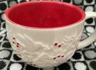 Starbucks Christmas Coffee Mug 2008 Holly Berry Dove Tree Embossed Red White Cup - Sold on eBay Dec, 28th 2019 for $17.00