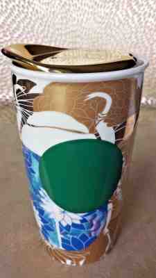  2014 Starbucks 12oz Ceramic Beetle Floral Gold Coffee Double-Walled Tumbler - Sold on eBay Dec, 28th 2019 for $26.99