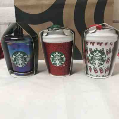 2019 Starbucks Ceramic Cup Ornaments Black Luster, Red Glitter, Merry Coffee - Sold on eBay Dec, 27th 2019 for $37.00