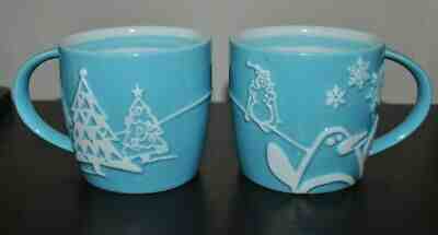 SET/2 Starbucks MUG HOLIDAY 2007 8 oz 3D Blue Penguin Snowman Ski Trees - Sold on eBay Dec, 27th 2019 for $29.59