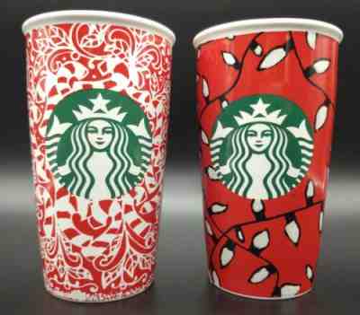 Starbucks Holiday Lights Candy Cane Ceramic Travel Mug Cup Tumbler 2016 lot of 2 - Sold on eBay Dec, 26th 2019 for $25.00