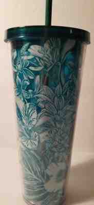 New Starbucks Tropical Blue Aqua  Teal Floral Acrylic Cold Cup Tumbler 24oz  - Sold on eBay Dec, 26th 2019 for $25.46
