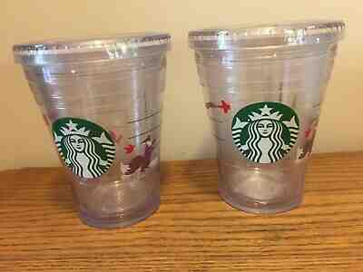 Pair Starbucks Double Wall 12 oz. Fox Christmas Clear Tumblers 2012 - Sold on eBay Dec, 26th 2019 for $20.00