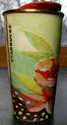Starbucks 2014 Floral Ceramic 10oz Traveler Tumbler with Gold Rim and Red Lid - Sold on eBay Dec, 26th 2019 for $15.99