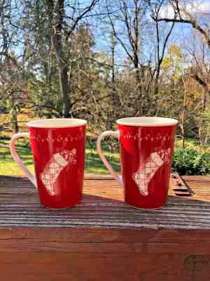 (2) STARBUCKS 2005 MUG Red Stocking Christmas  "It Only Happens ONCE a Year"  - Sold on eBay Dec, 25th 2019 for $22.00