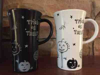 (2) Starbucks 2007 Halloween Trick or Treat Black & White Coffee Cups Mugs 14 oz - Sold on eBay Dec, 25th 2019 for $39.95