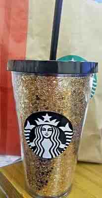 NEW 16 oz Starbucks gold sparkle cold cup with black straw; black Starbucks logo - Sold on eBay Dec, 25th 2019 for $21.99