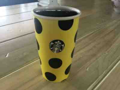 Starbucks Coffee Ceramic Travel Mug 2015 Mermaid Yellow W/Black Polka Dots - Sold on eBay Dec, 24th 2019 for $17.79