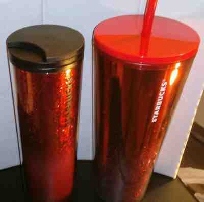 New Starbucks 2019 Red Glitter Holiday 24 Oz cold cup and 16 Oz Tumbler Set of 2 - Sold on eBay Dec, 24th 2019 for $42.00