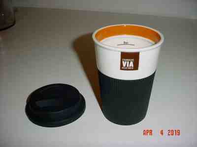 STARBUCKS VIA READY BREW CERAMIC TUMBLER CUP MUG W RUBBER GRIP & TRAVEL LID 2011 - Sold on eBay Dec, 24th 2019 for $25.00