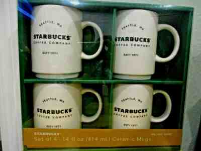 NEW ~ 4 SET STARBUCKS Coffee Company Est'd 1971 Ceramic Mugs 14 fl oz - Sold on eBay Dec, 24th 2019 for $19.99