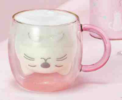 RARE 2018 Starbucks Valentine's day V-day Pink Cat Head Handle Double Glass Cup  - Sold on eBay Dec, 23rd 2019 for $69.90