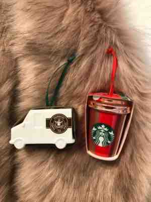 Starbucks Red Cup Stripe 2018 & 2016 Coffee Truck Lot Ornaments - Sold on eBay Dec, 23rd 2019 for $19.99