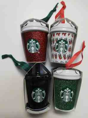Starbucks 2019 Coffee Christmas Ornaments Holiday Set 4 Ceramic Glitter Tumbler - Sold on eBay Dec, 23rd 2019 for $34.99