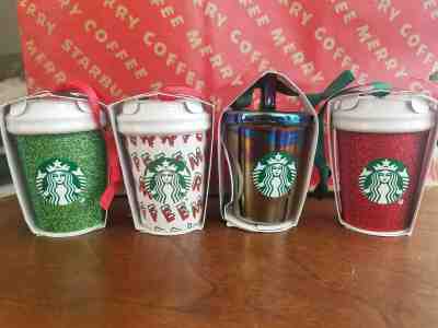 2019 Starbucks Winter Holiday Set of (4) Ceramic Cups Ornaments NWT Glitter - Sold on eBay Dec, 23rd 2019 for $51.99