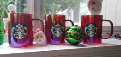 New 2019 Starbucks Red Iridescent Christmas Edition Mug Cup Glass NWT x 3 Piece - Sold on eBay Dec, 22nd 2019 for $25.00