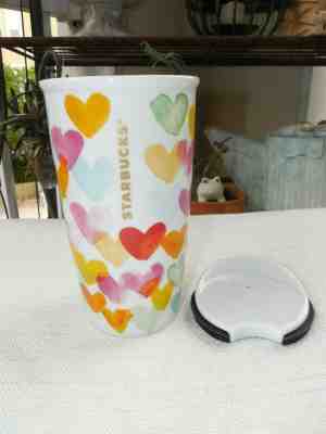 STARBUCKS Watercolor Hearts 2015 Ceramic Travel Tumbler -New Unused-No Box     - Sold on eBay Dec, 22nd 2019 for $17.50