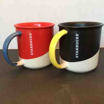 Starbucks 2 Coffee Mugs Red White & Blue Black Yellow 2017 Angle Dipped Ceramic - Sold on eBay Jan, 11th 2020 for $20.00