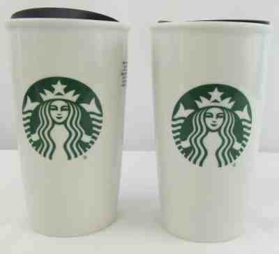 Set of 2 Starbucks 12 Oz Ceramic Travel Mug Tumbler Double Wall White Green Logo - Sold on eBay Jan, 10th 2020 for $18.99