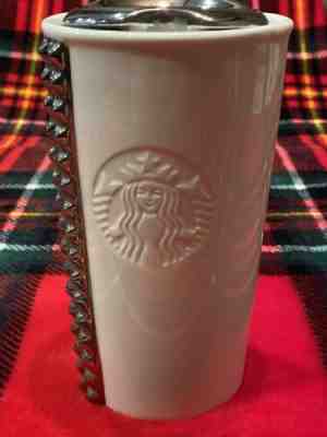 Starbucks 2014 White and Silver Chrome Studded Double Wall Ceramic Tumbler 10 oz - Sold on eBay Jan, 10th 2020 for $24.95