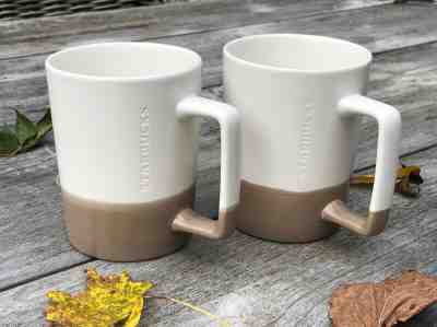 Lot of 2 STARBUCKS 2016 16oz Square Handle White/tan/brown “Dipped” Coffee Mugs - Sold on eBay Jan, 2nd 2020 for $26.98