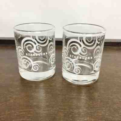 Starbucks White Swirl Clear Shot Glass 1 & 2 Ounce Marks Set of 2