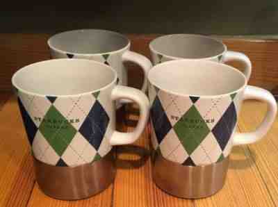 4 Starbucks Mugs Blue Green White Argyle Plaid Ceramic & Stainless Steel 14 Oz. - Sold on eBay Jan, 12th 2020 for $39.99
