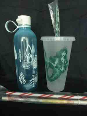 New STARBUCKS Mermaid Reusable Cold Cup w/ 3 Straws & Retired Water Bottle - Sold on eBay Jan, 12th 2020 for $24.95