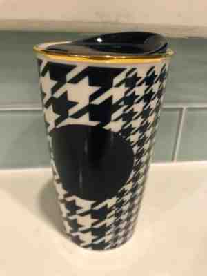 Starbucks Ceramic Travel Mug Houndstooth Navy Blue 2015 12oz Gold Rim - Sold on eBay Jan, 12th 2020 for $31.76