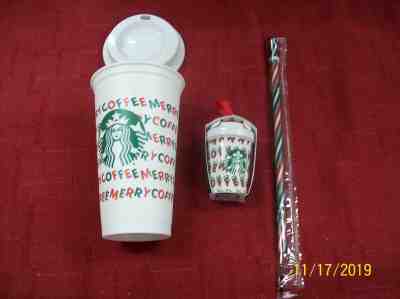 Starbucks 2019 Holiday Merry Coffee Reusable Cup Ornament Straw Green White Red - Sold on eBay Jan, 12th 2020 for $24.99